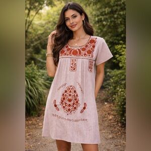Nativa Embroidered Burnt Orange Striped Mexican Dress Size S